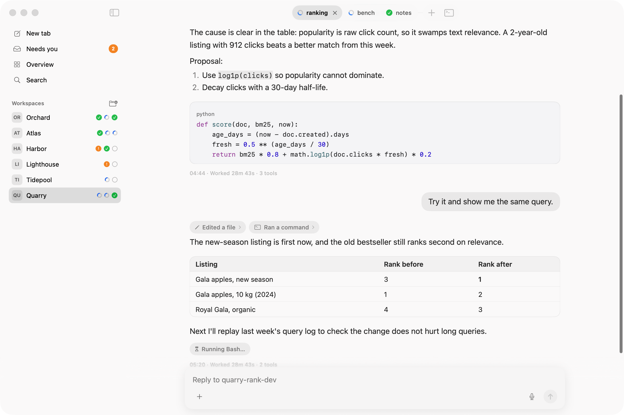 A conversation with an agent, shown as formatted text with folded tool calls.