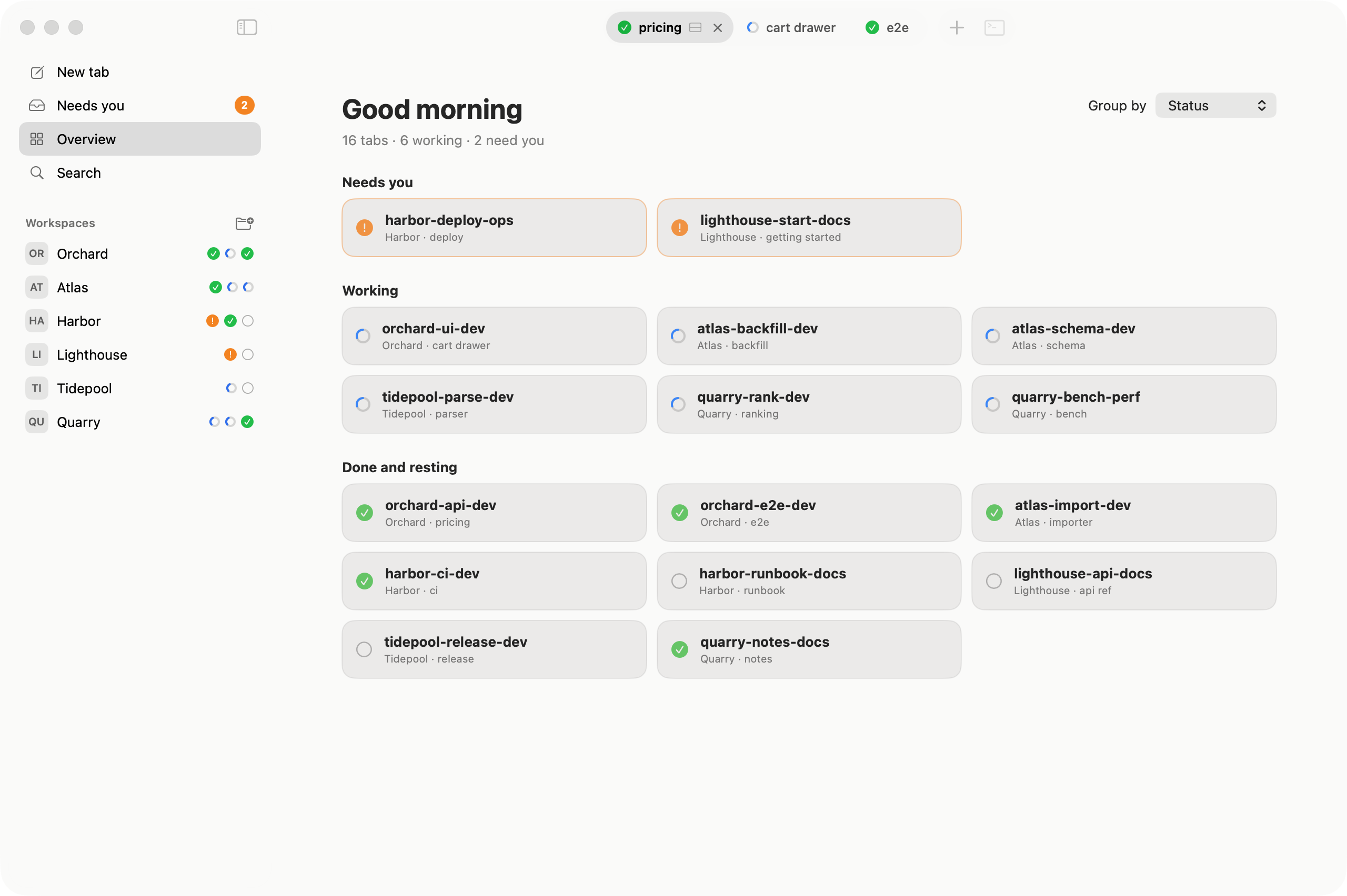 The Overview screen with workspaces and the state of each tab.