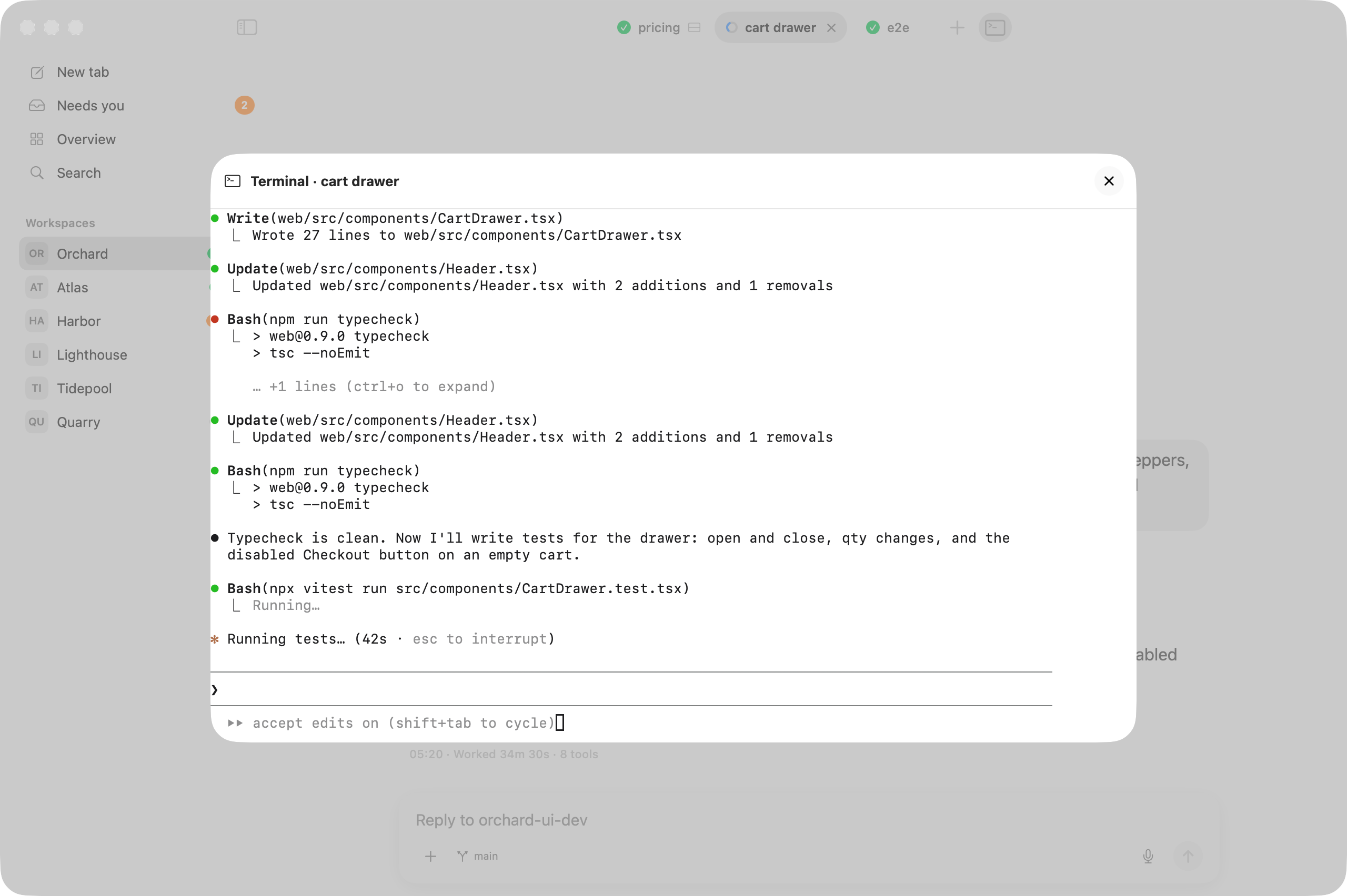 The terminal of an agent pane shown in a sheet over the conversation.